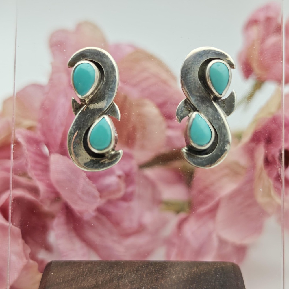 Turquoise & Sterling Silver Handmade Curvy Art Deco Style Post Earrings